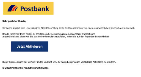 Eine Phishing-Mail für Postbank-Kunden